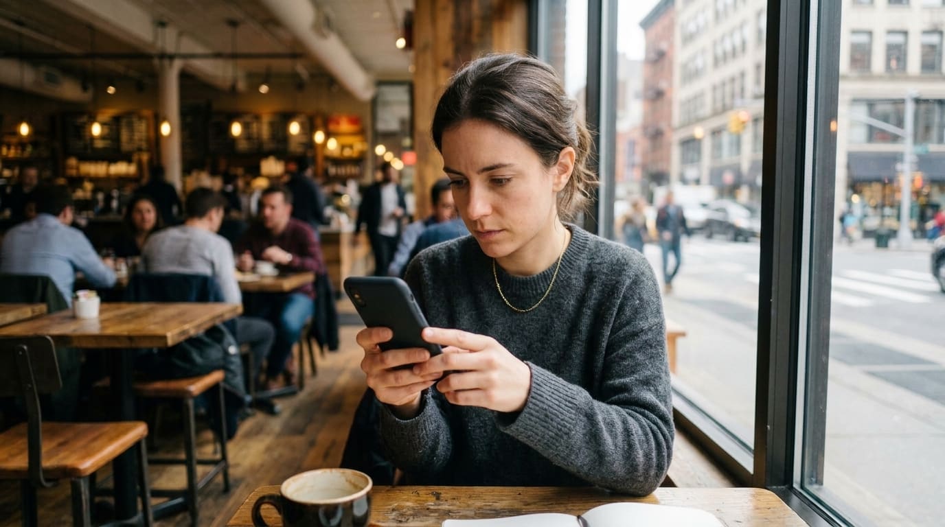 Mulher olhando o celular em um café, com movimento da rua ao fundo