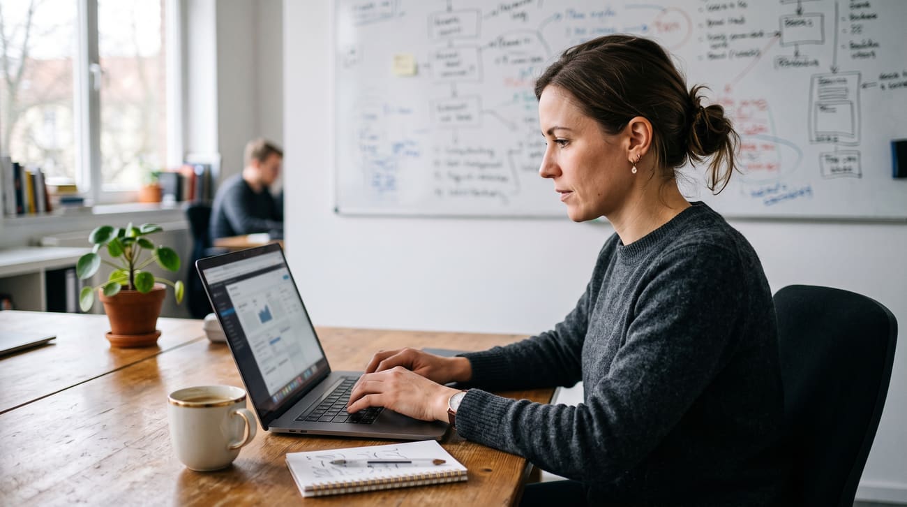 Mulher trabalhando em notebook num escritório, com quadro branco de planejamento ao fundo