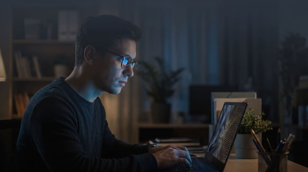 Profissional trabalhando de noite em um notebook